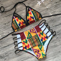 Women's high-waisted backless bikini swimsuit with digital printing, includes top and shorts.