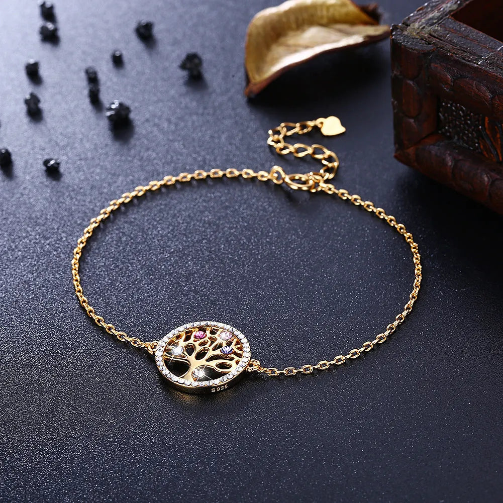 925 sterling silver crystal life tree charm bracelet on link chain with toggle clasp