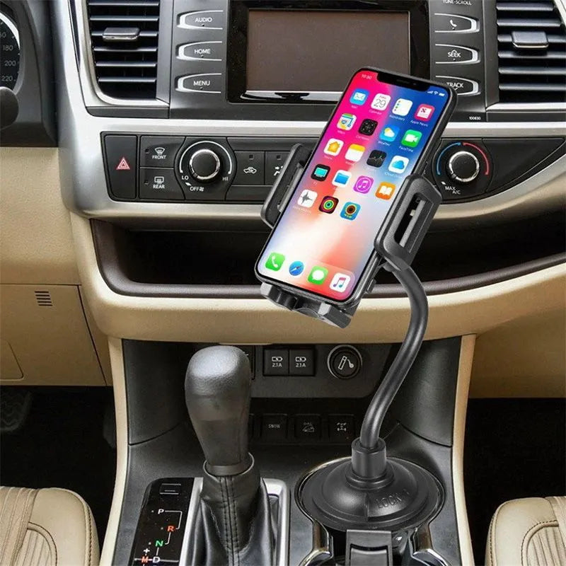 Black universal car phone mount bracket with suction cup and adjustable side handles on windshield