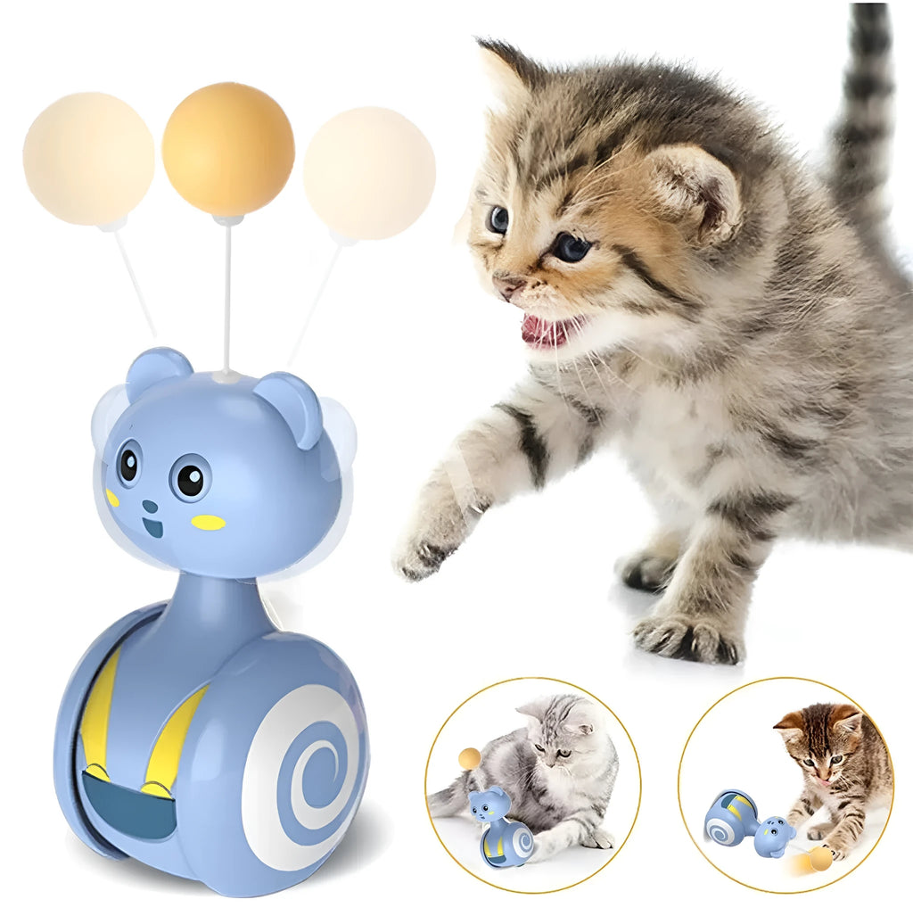 Blue interactive cat toy with rotating ball and feather wand elements for play