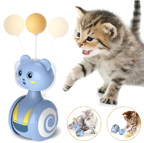 Blue interactive cat toy with rotating ball and feather wand elements for play