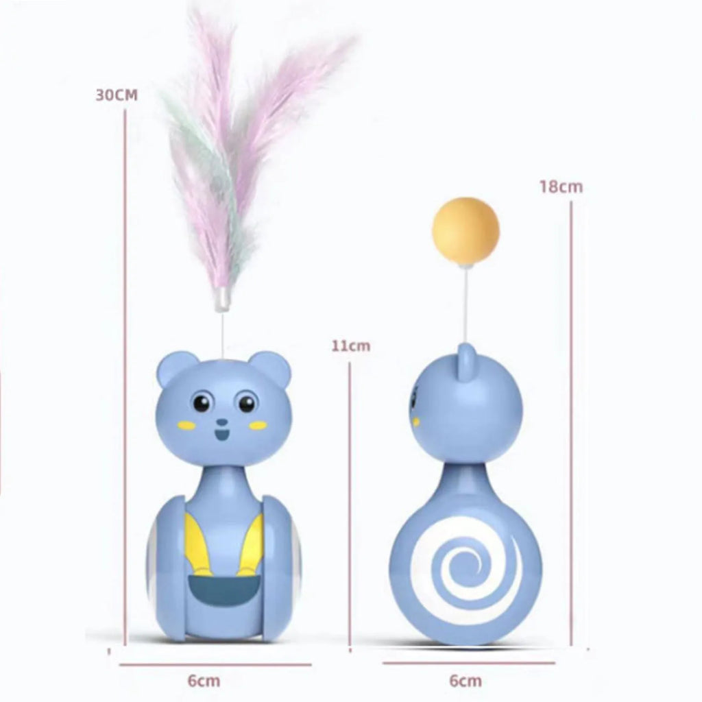 Blue interactive cat toy with rotating ball and feather wand elements for play