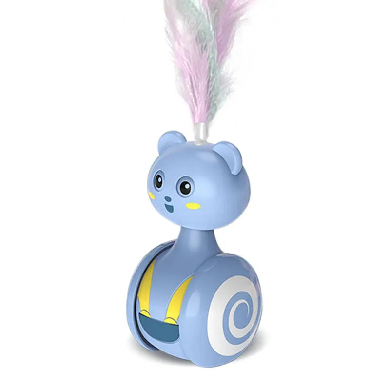 Blue interactive cat toy with rotating ball and feather wand elements for play