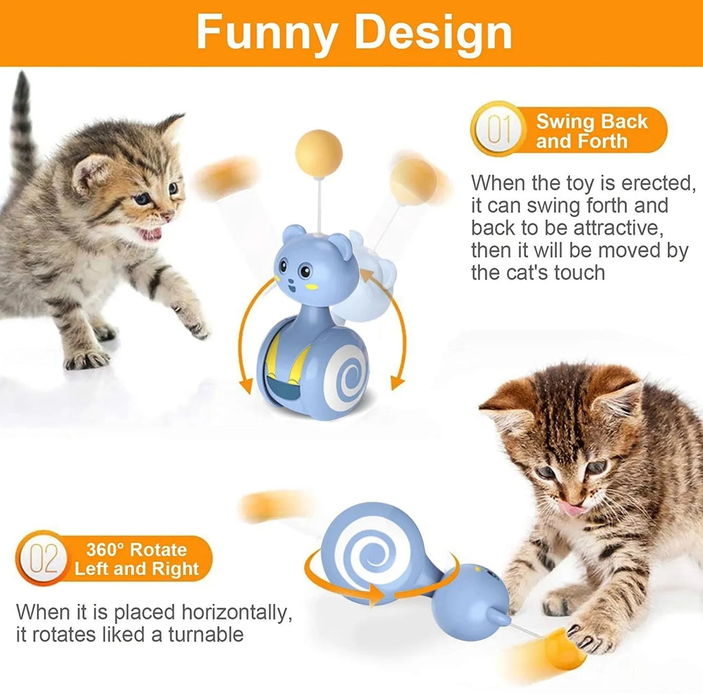 Blue interactive cat toy with rotating ball and feather wand elements for play