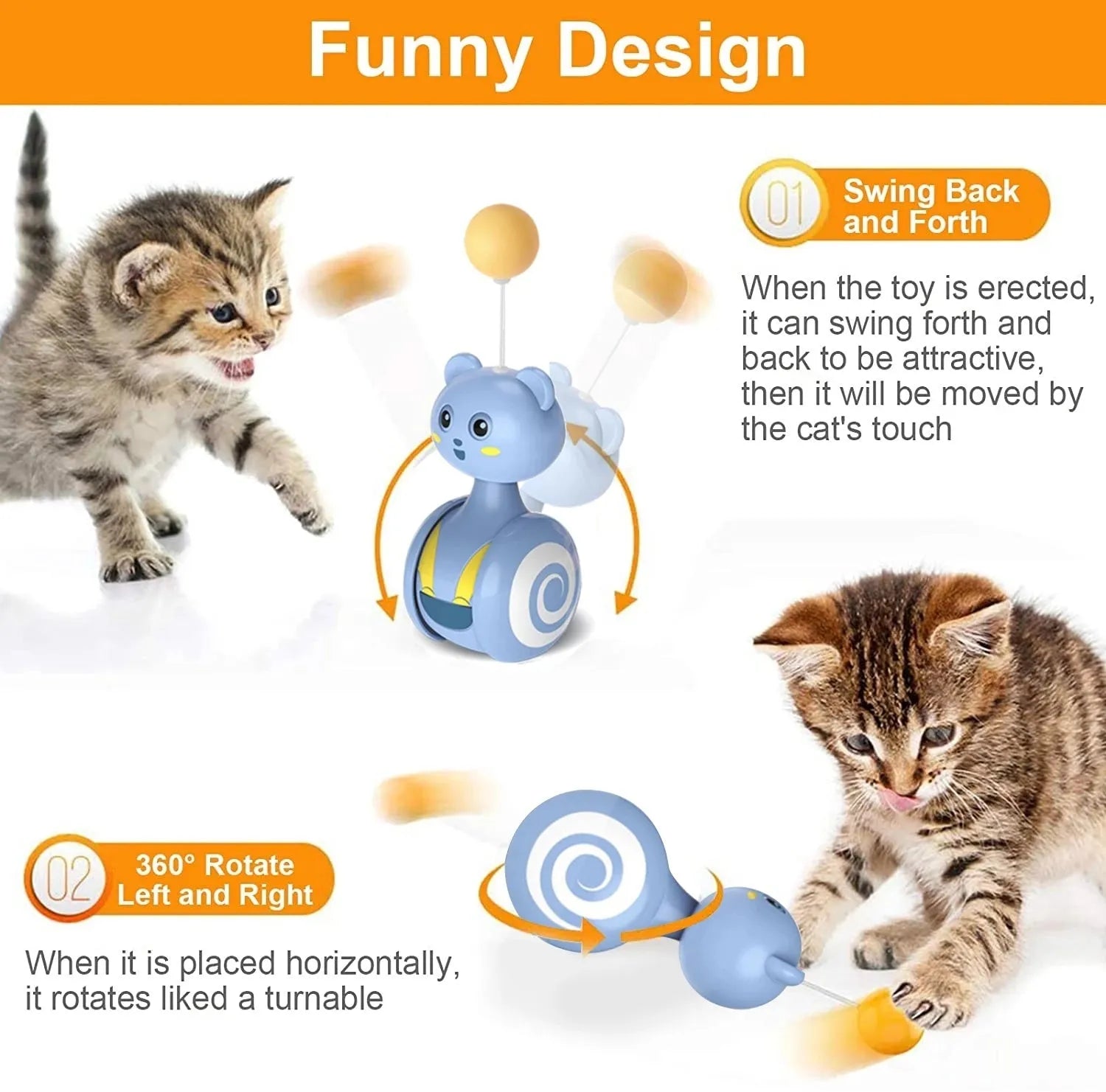 Blue interactive cat toy with rotating ball and feather wand elements for play