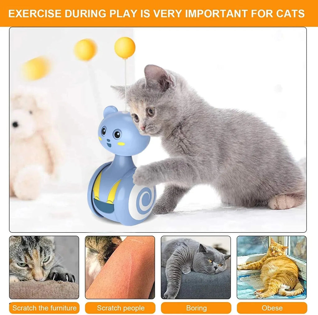 Blue interactive cat toy with rotating ball and feather wand elements for play