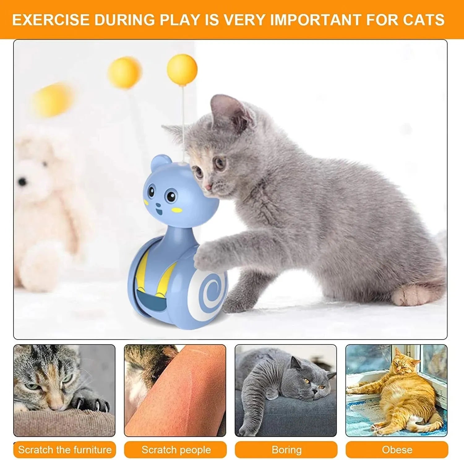 Blue interactive cat toy with rotating ball and feather wand elements for play