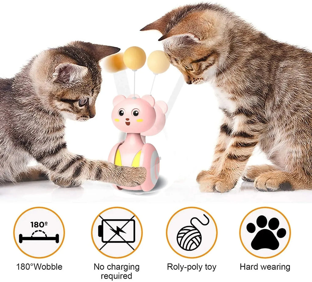 Blue interactive cat toy with rotating ball and feather wand elements for play