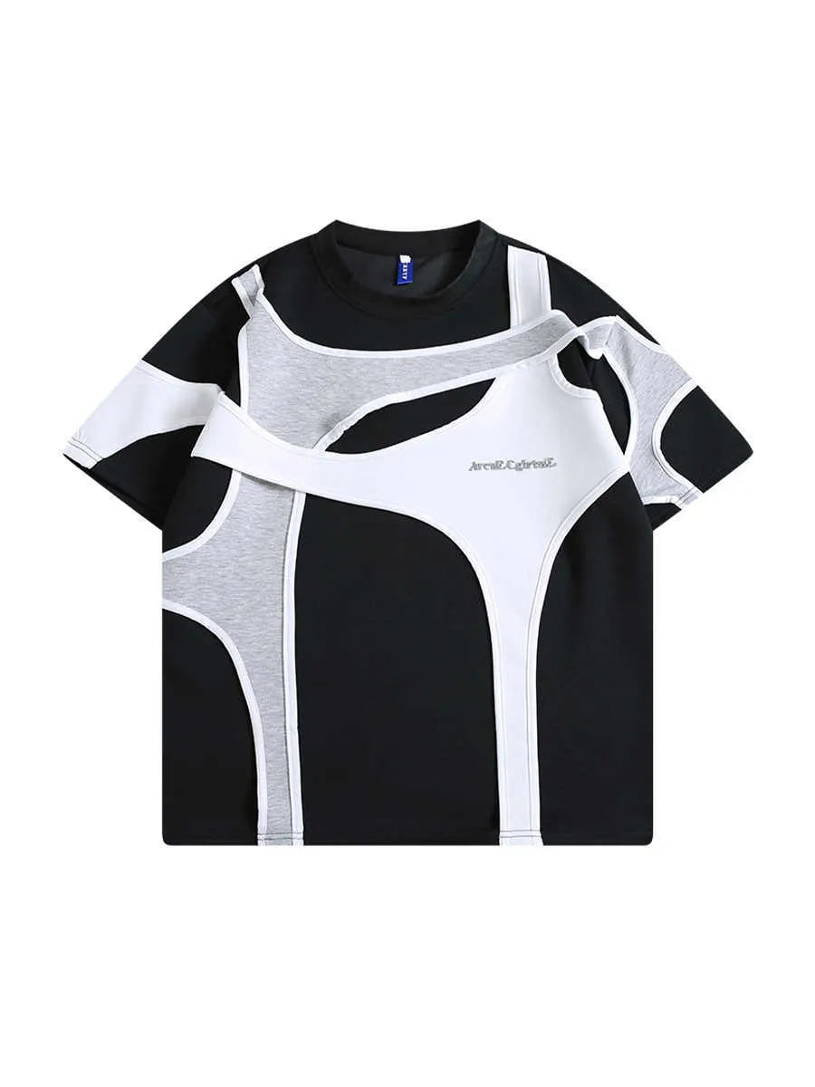 Men's black cotton T-shirt with double-layer stitching on padded shoulder straps, loose fit design