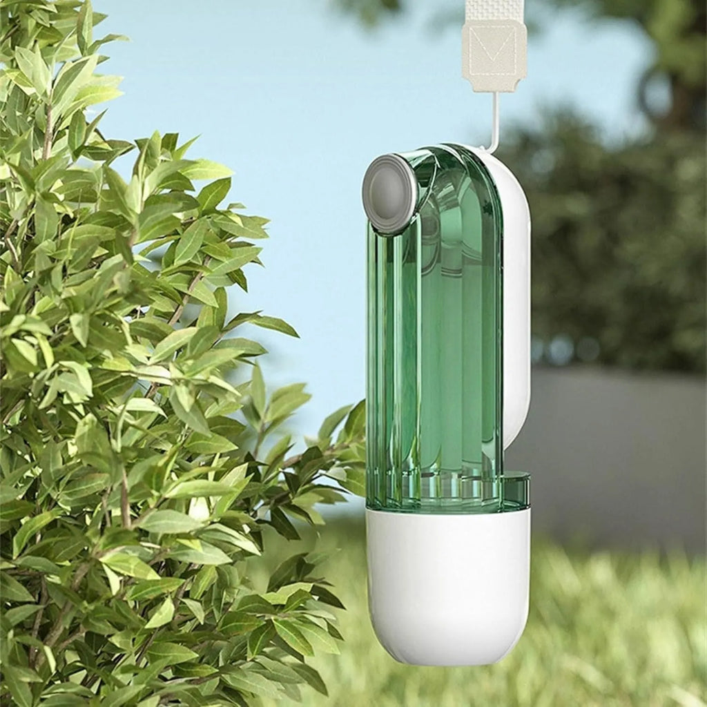 Beige foldable dog water bottle with food dispenser shown extended and collapsed for walking.
