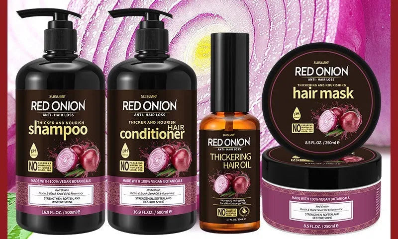 Red onion shampoo and conditioner 4-piece set including 500ml bottles, 250ml hair mask, and 50ml essential oil.