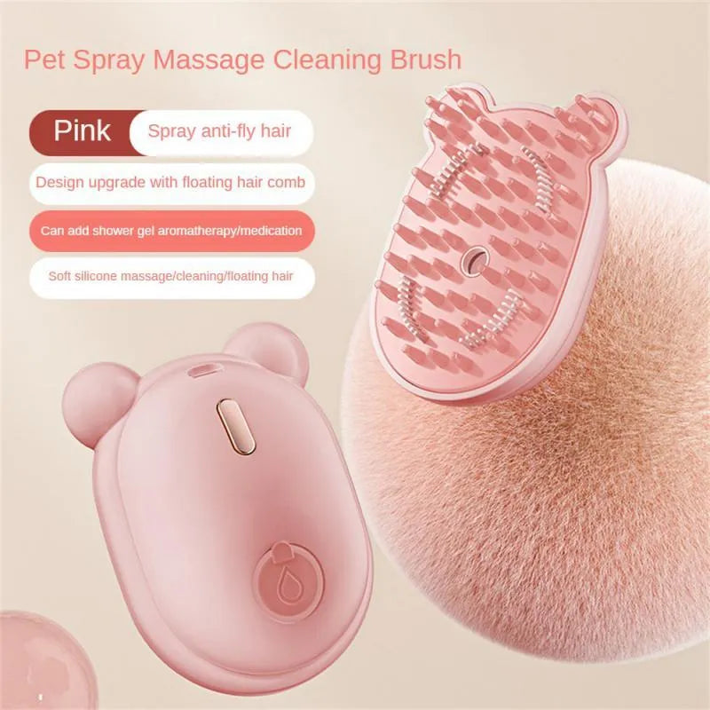 Pink and yellow 3-in-1 pet grooming comb with spray function and removable silicone combs