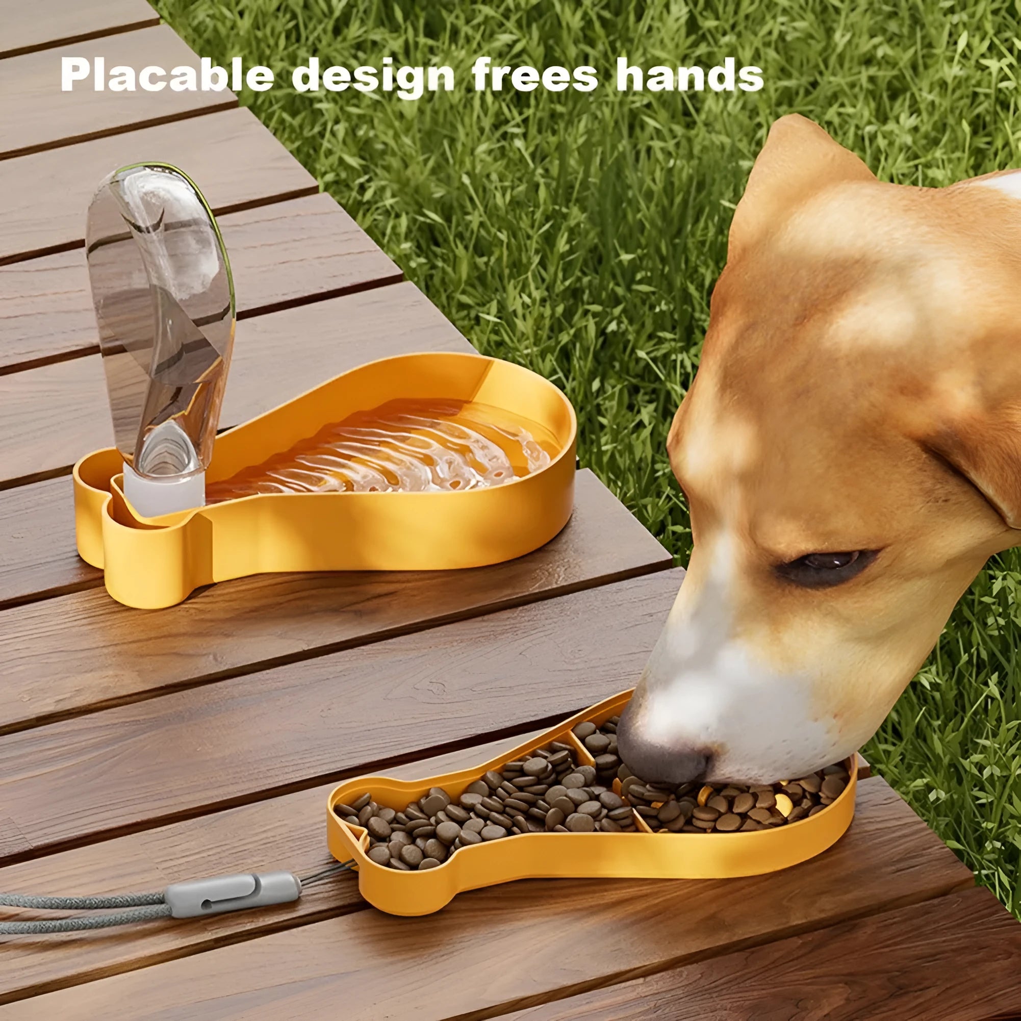 Orange and white portable pet water feeder with 200ml bottle and separate food container for dogs and cats