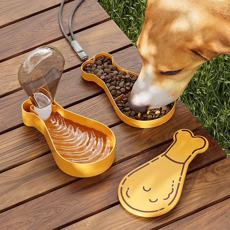Orange and white portable pet water feeder with 200ml bottle and separate food container for dogs and cats