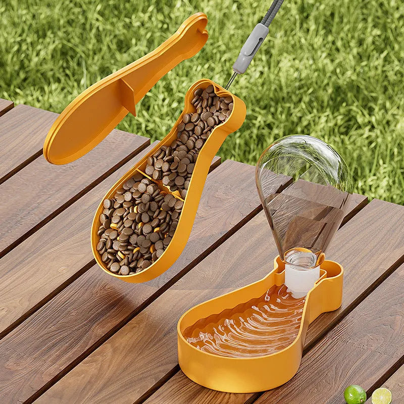 Orange and white portable pet water feeder with 200ml bottle and separate food container for dogs and cats