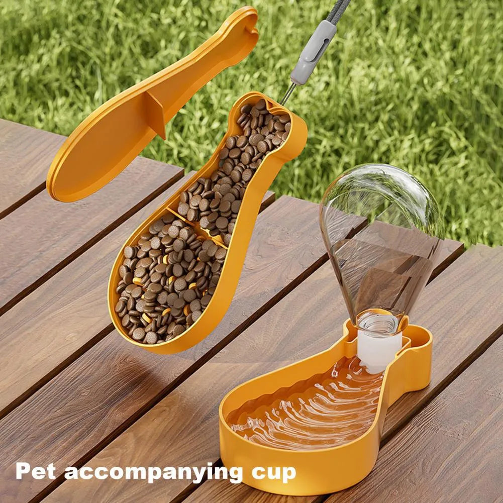 Orange and white portable pet water feeder with 200ml bottle and separate food container for dogs and cats