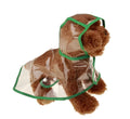 Transparent waterproof PVC dog raincoat with hood on a small dog, showing adjustable waist and chest straps, green colour