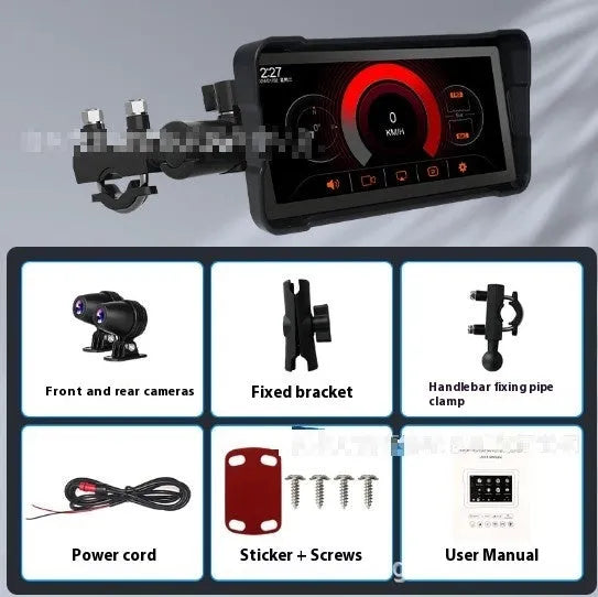 6.86-inch motorcycle driving recorder with IP68 waterproof shell, high brightness IPS touch screen, and dual recording cameras mounted on handlebars