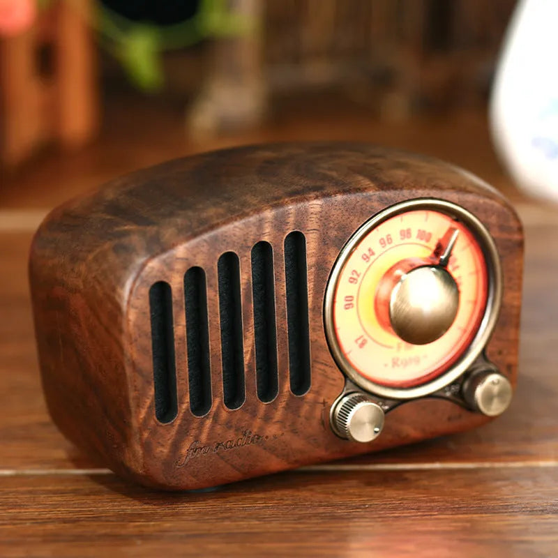 Retro wooden wireless mini speaker in cherry wood or walnut finish with Bluetooth connectivity