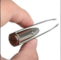 LED beauty tweezers with stainless steel construction and built-in light, 8.5 cm length, on white background