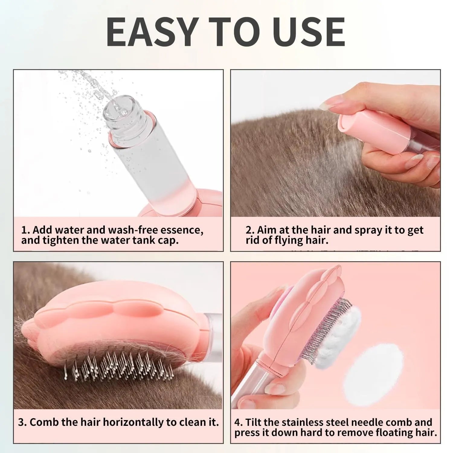 Grey self-cleaning cat brush with spray function and stainless steel bristles on a white background.