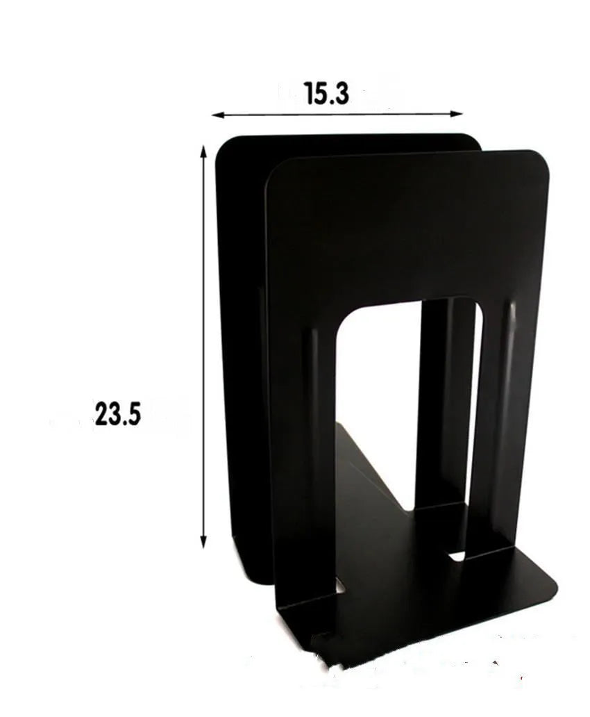 Metal bookend in blue holding books upright on a shelf with non-slip base