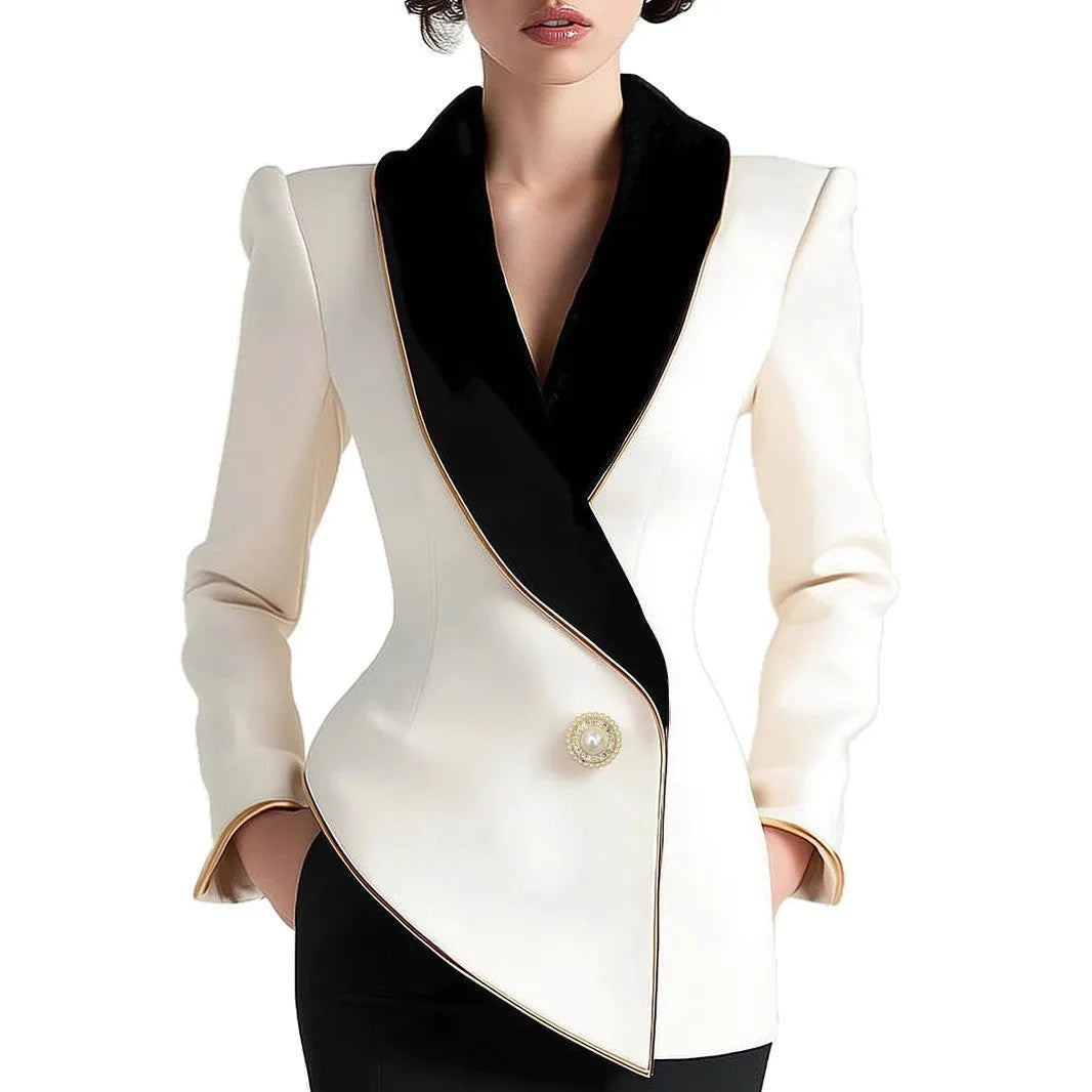 Beige women's irregular design long sleeve coat with golden edge pearl buttons on the front.