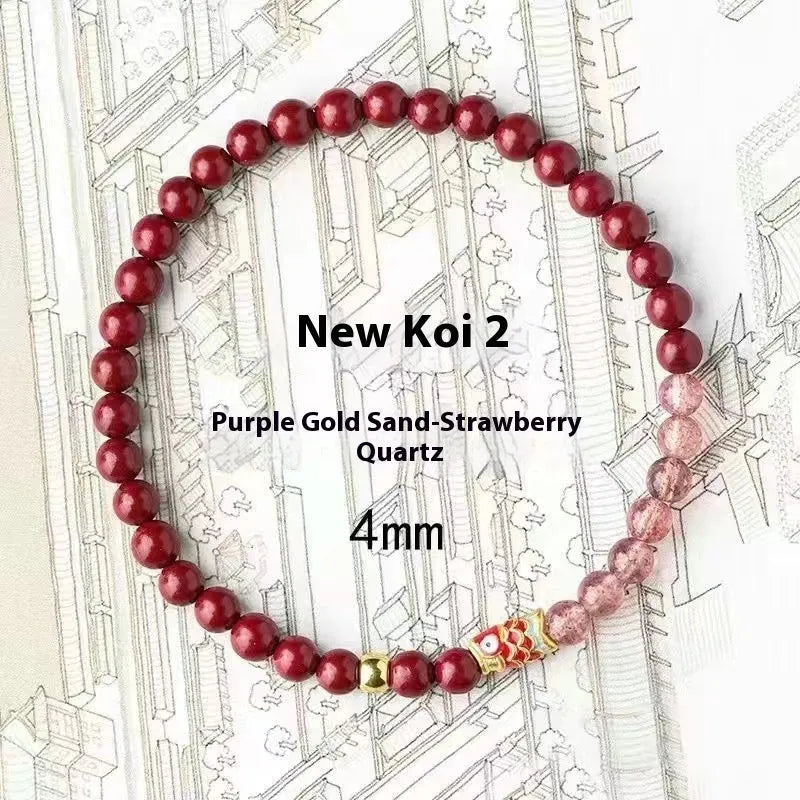 Purple cinnabar and strawberry quartz bracelet with koi and peach blossom Chinese lucky symbols
