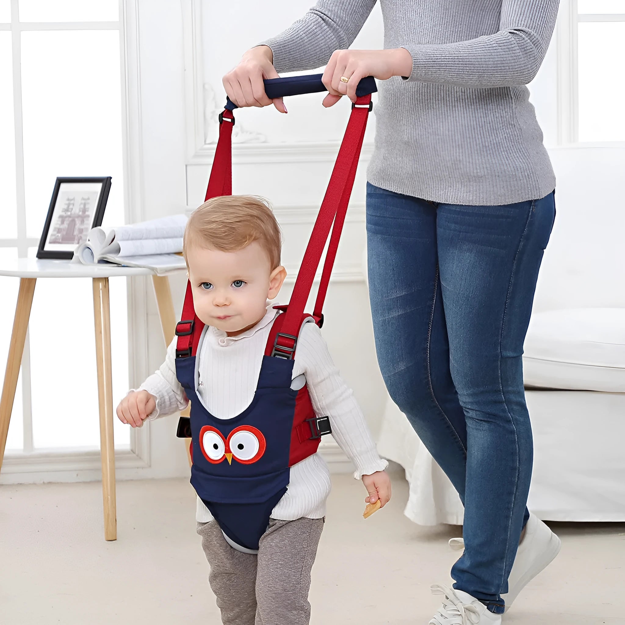 Cotton baby walking harness belt in blue colour with adjustable straps for toddler walking assistance