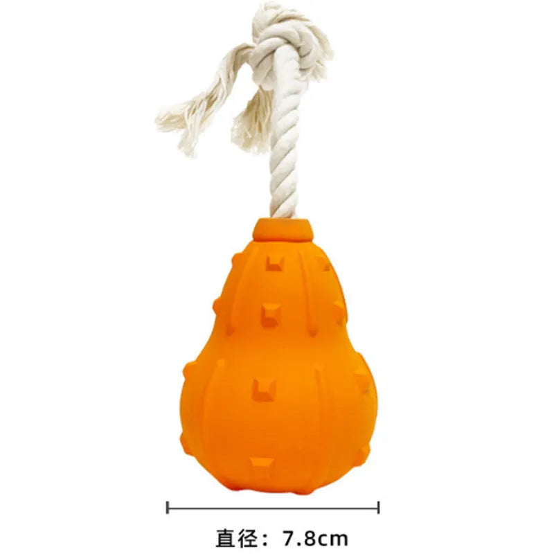 Natural rubber stuffable dog toy with longer strap for interactive play