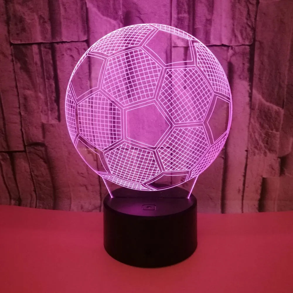 3D acrylic football night light displaying blue colour on a square black ABS base with USB cable.