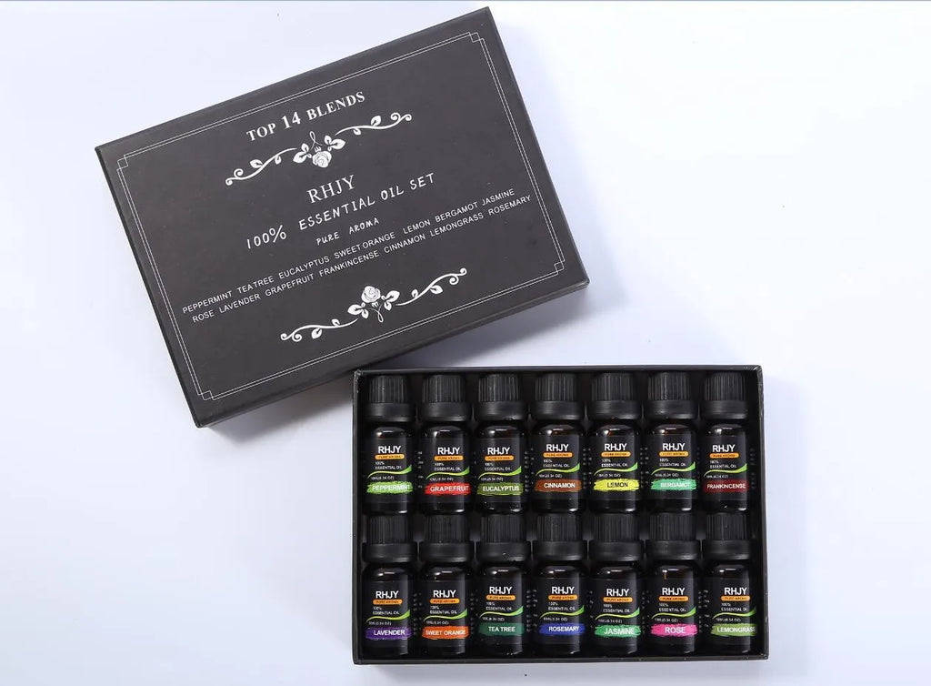 Aromatherapy essential oil set of 14 bottles, 10ml each, 100% purity, with labels for different scents
