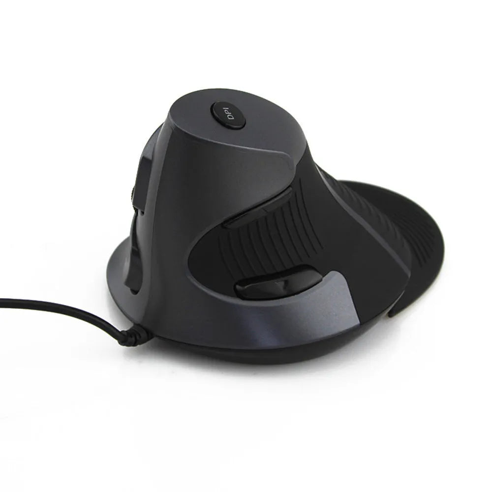 Ergonomic vertical wired mouse in black and white showing handshake grip position