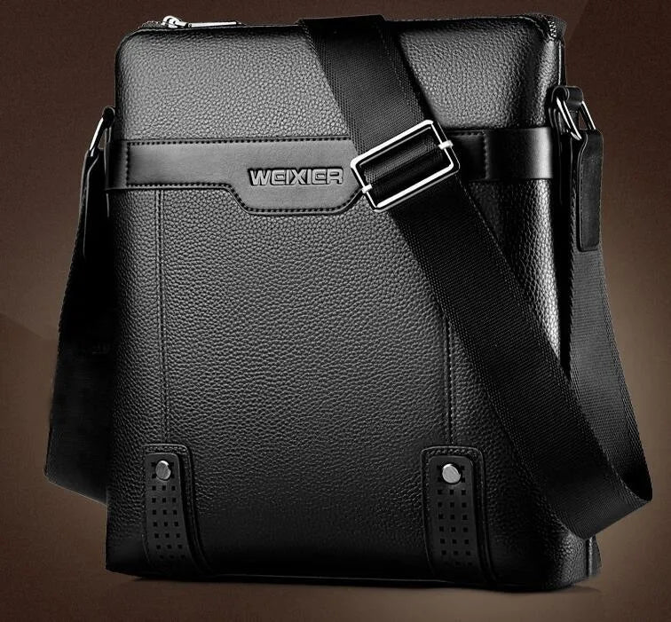 Men's soft PU leather messenger bag in solid colour with zipper closure and interior pockets – black or brown