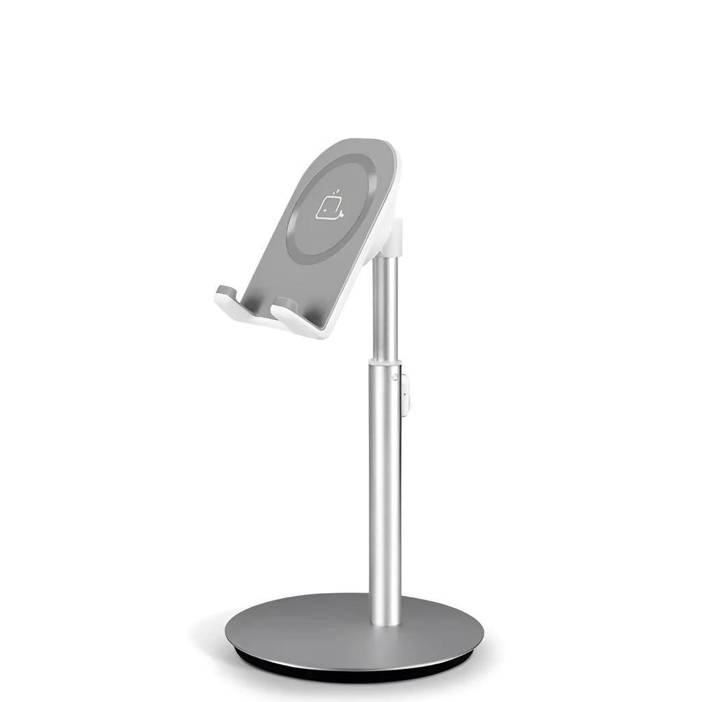 Silver metal desktop stand for phones and tablets S1 model upright on a desk