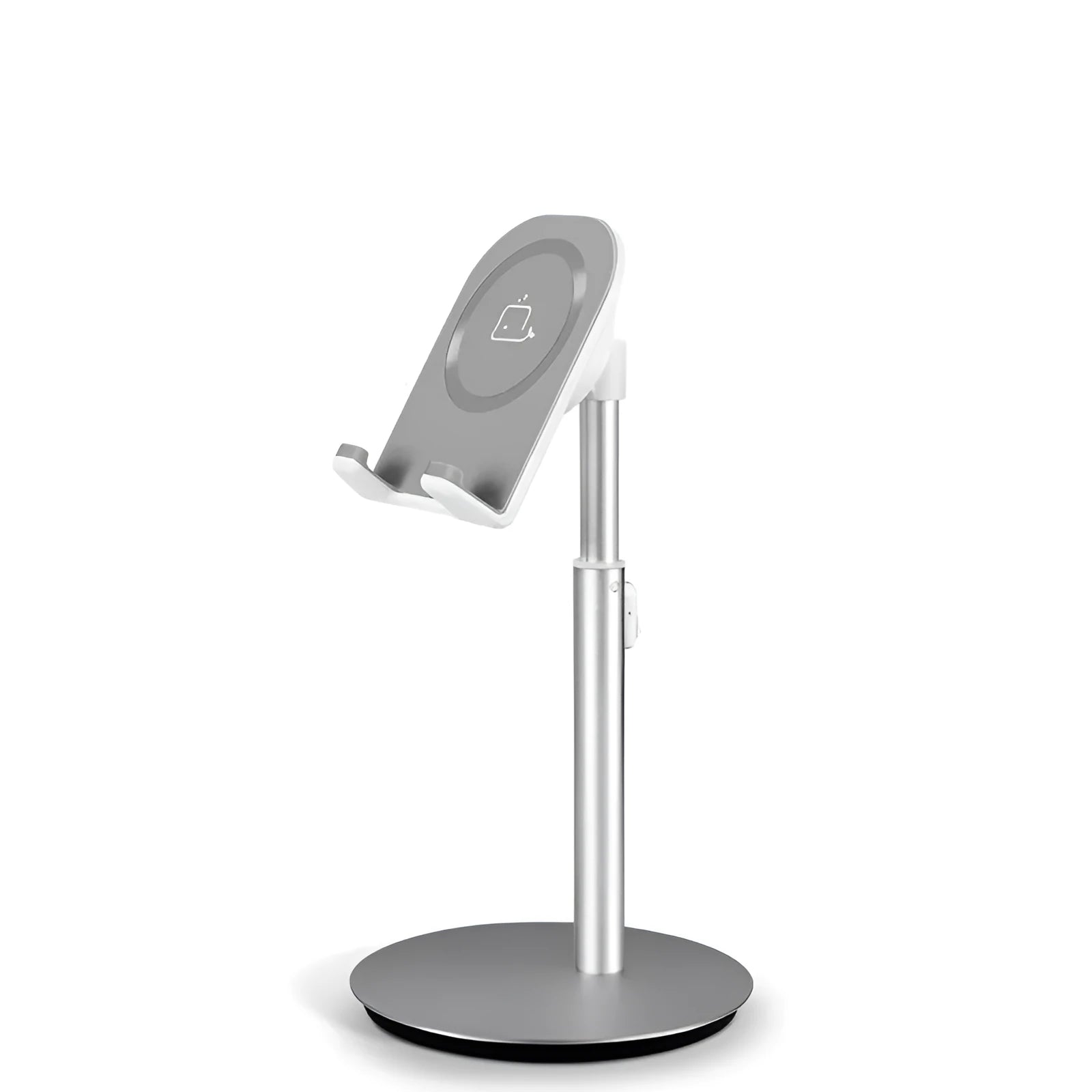 Silver metal desktop stand for phones and tablets S1 model upright on a desk