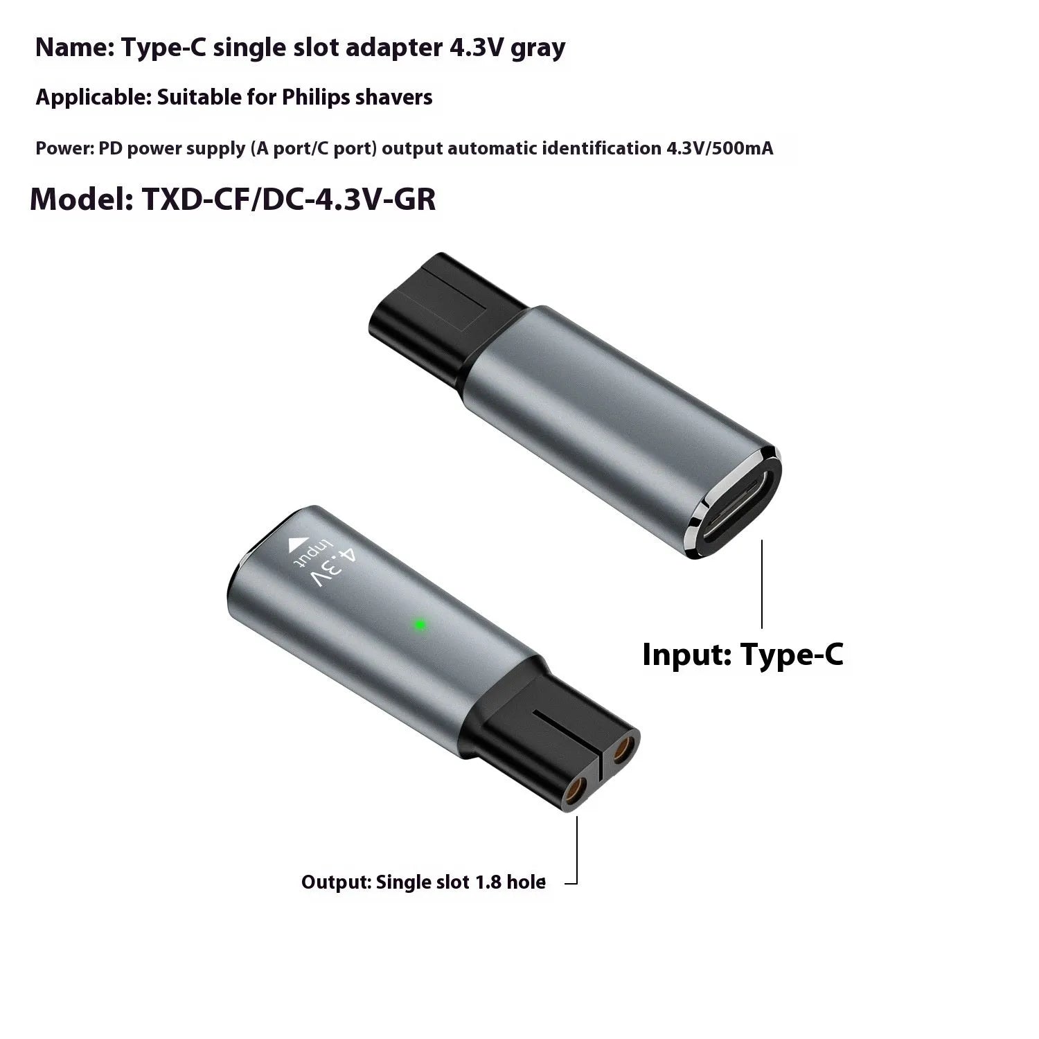USB-C to 4.3V charging adapter for electric shavers in black aluminium alloy casing