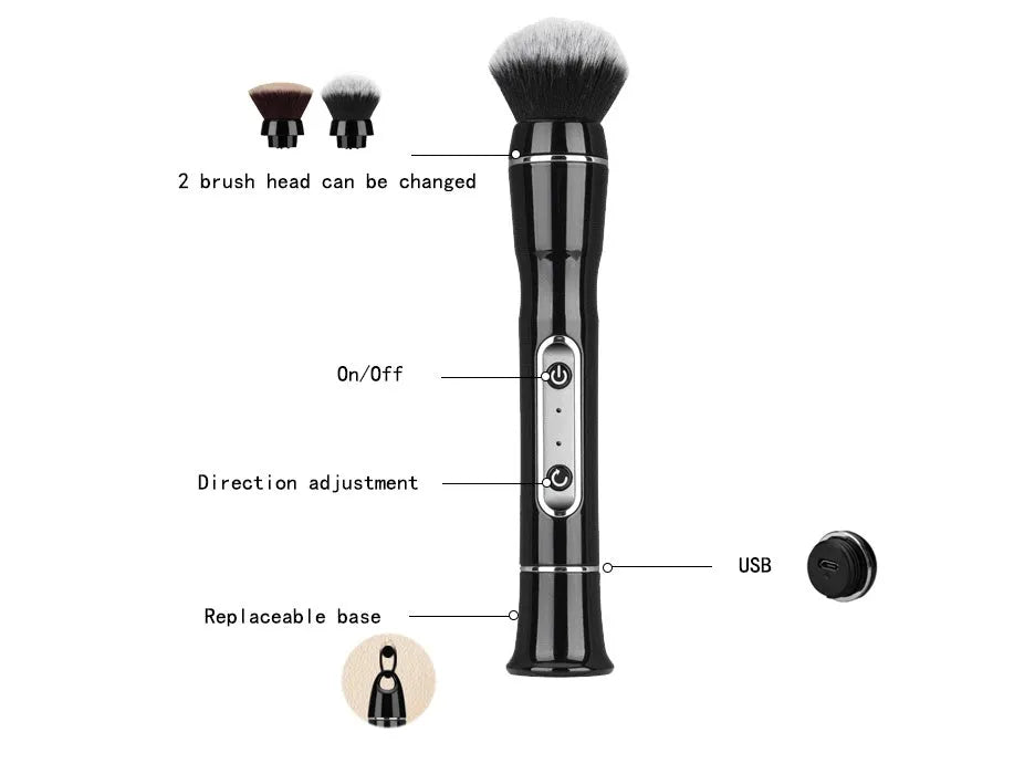 Electric makeup brush with white body, fibre wool bristles, and two rounded brush heads including foundation and blush applicators