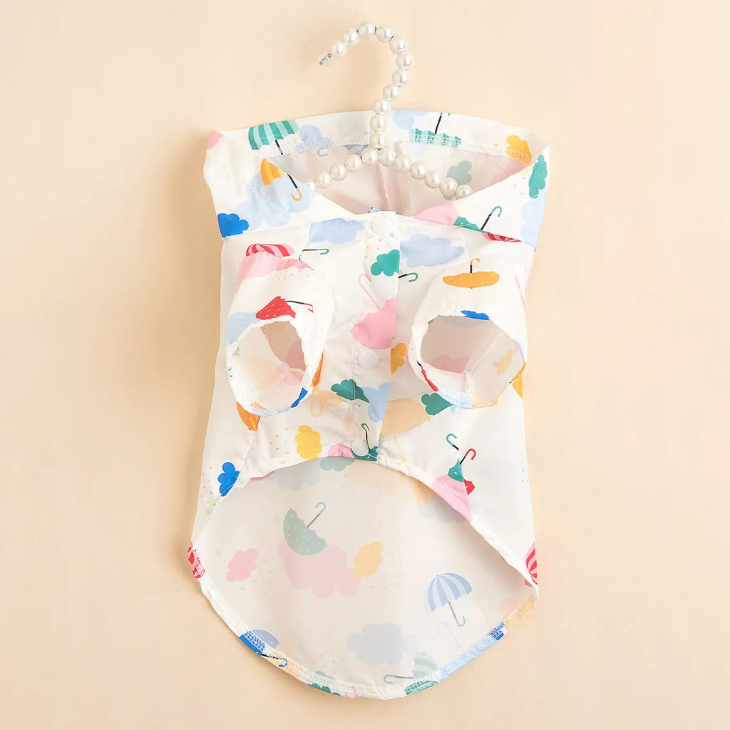 Colourful cartoon umbrella pattern dog raincoat in polyester fabric for rainy weather protection