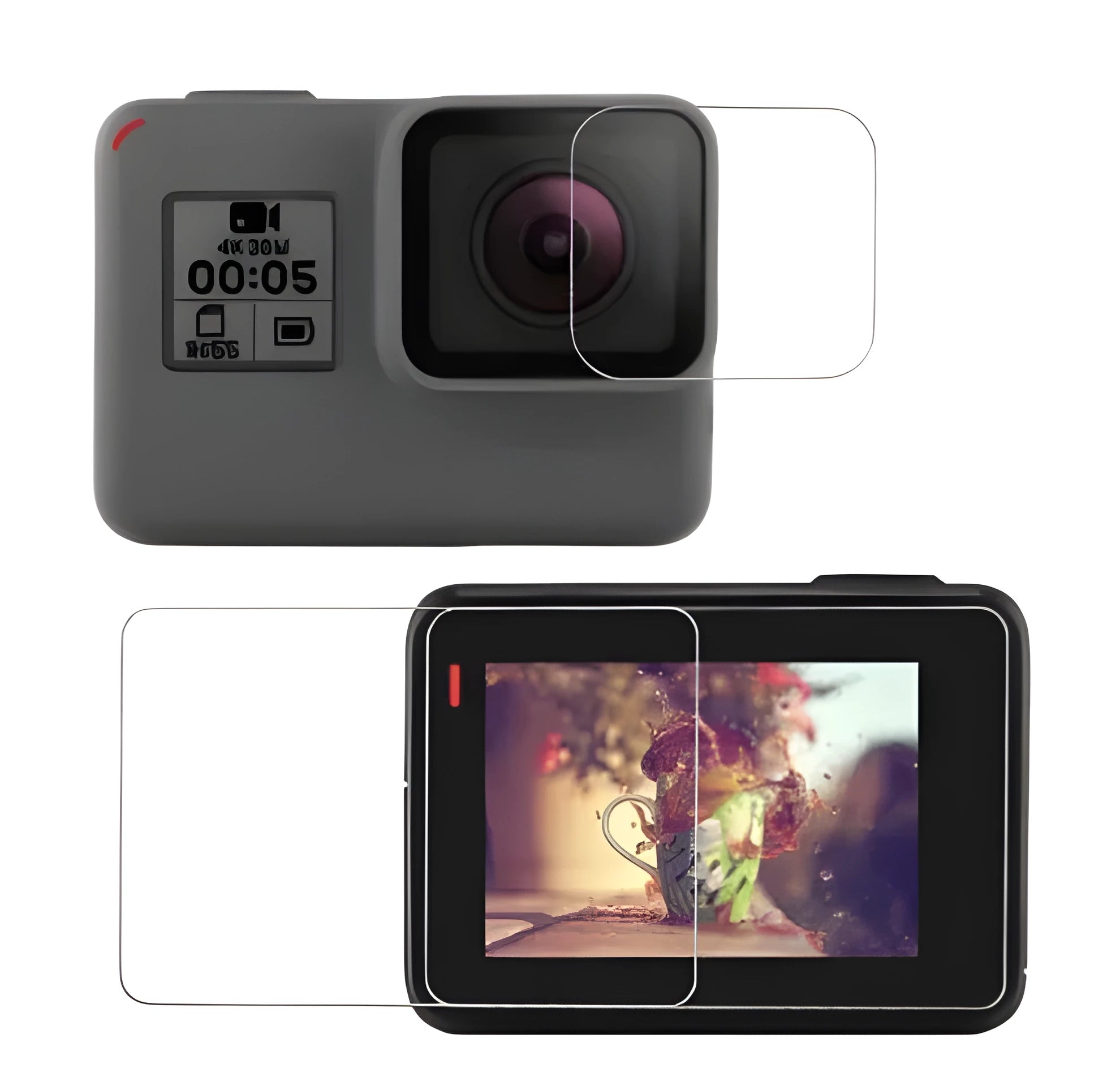 Transparent tempered glass screen and lens protector kit for GoPro Hero 5, 6, and 7 cameras
