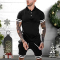 Men's polyester casual short set with polo shirt and shorts in navy blue, shown flat on a white background