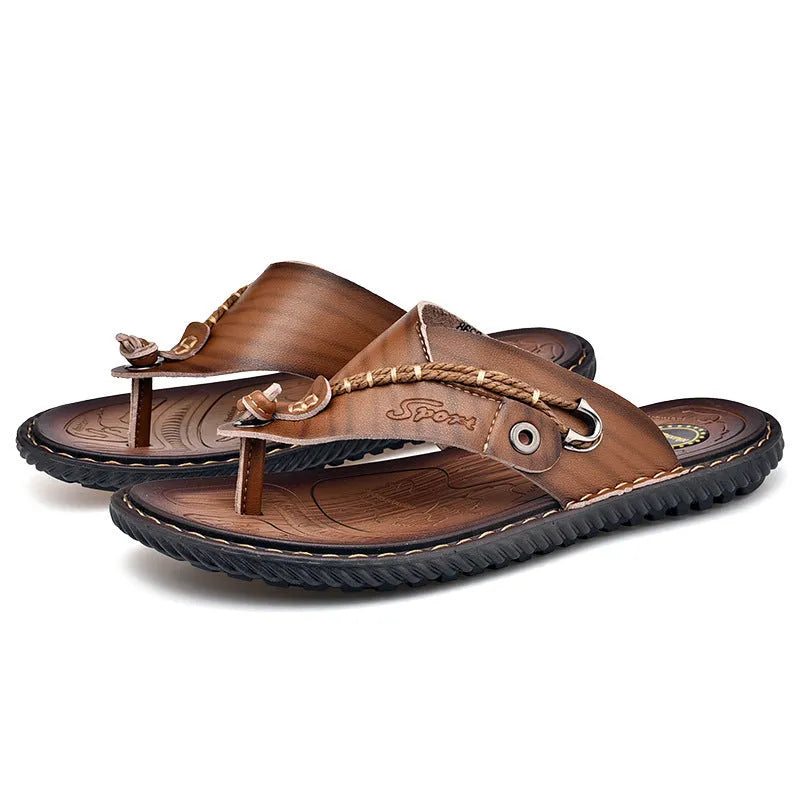 Men's black casual slippers with non-slip sole and PU leather upper on a plain background.