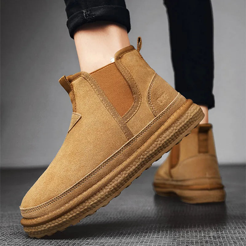 Winter fleece snow boots men ankle boot round-toe black artificial PU PVC outsole casual warm