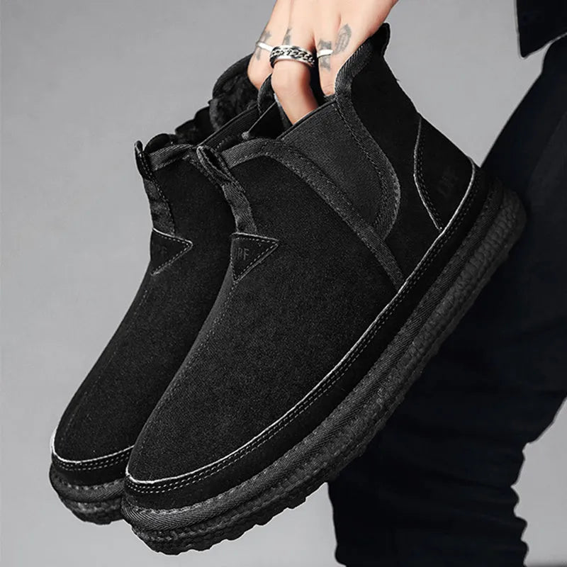 Winter fleece snow boots men ankle boot round-toe black artificial PU PVC outsole casual warm