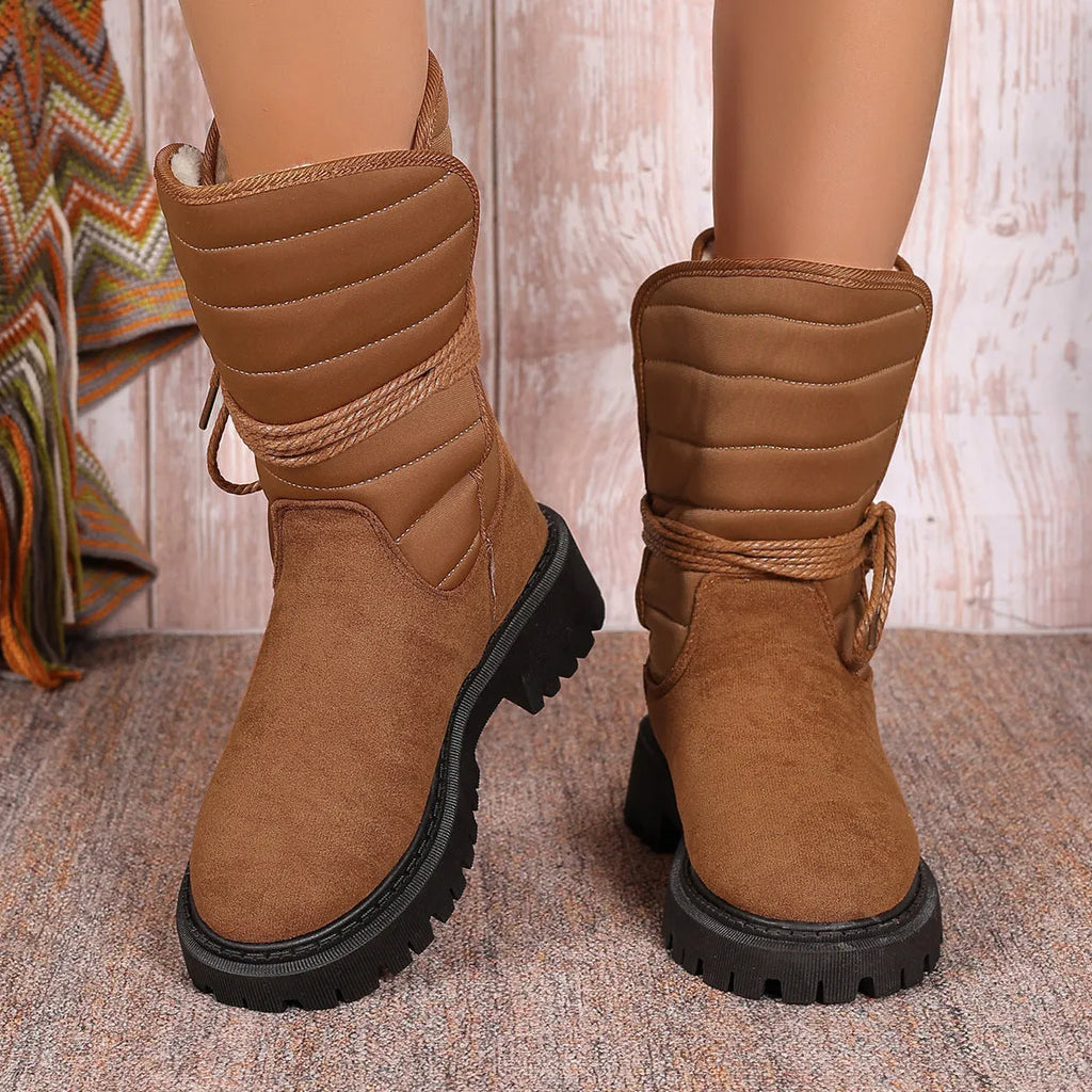 Women's chunky heel mid-tube snow boots in suede with fleece lining and lace-up design