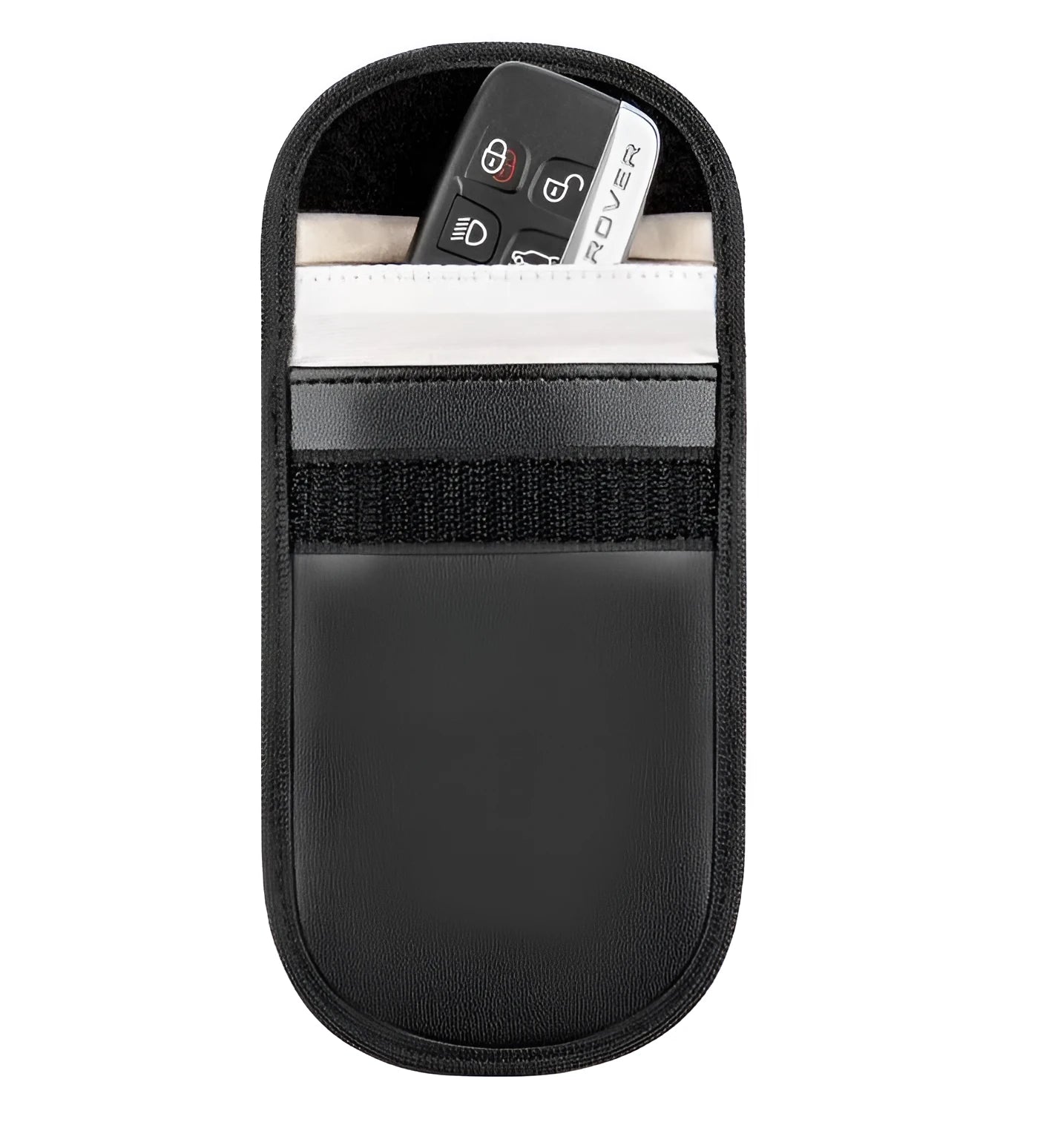 Black microfiber Faraday cage car key signal blocker case measuring 13.5 by 9.5 centimetres.