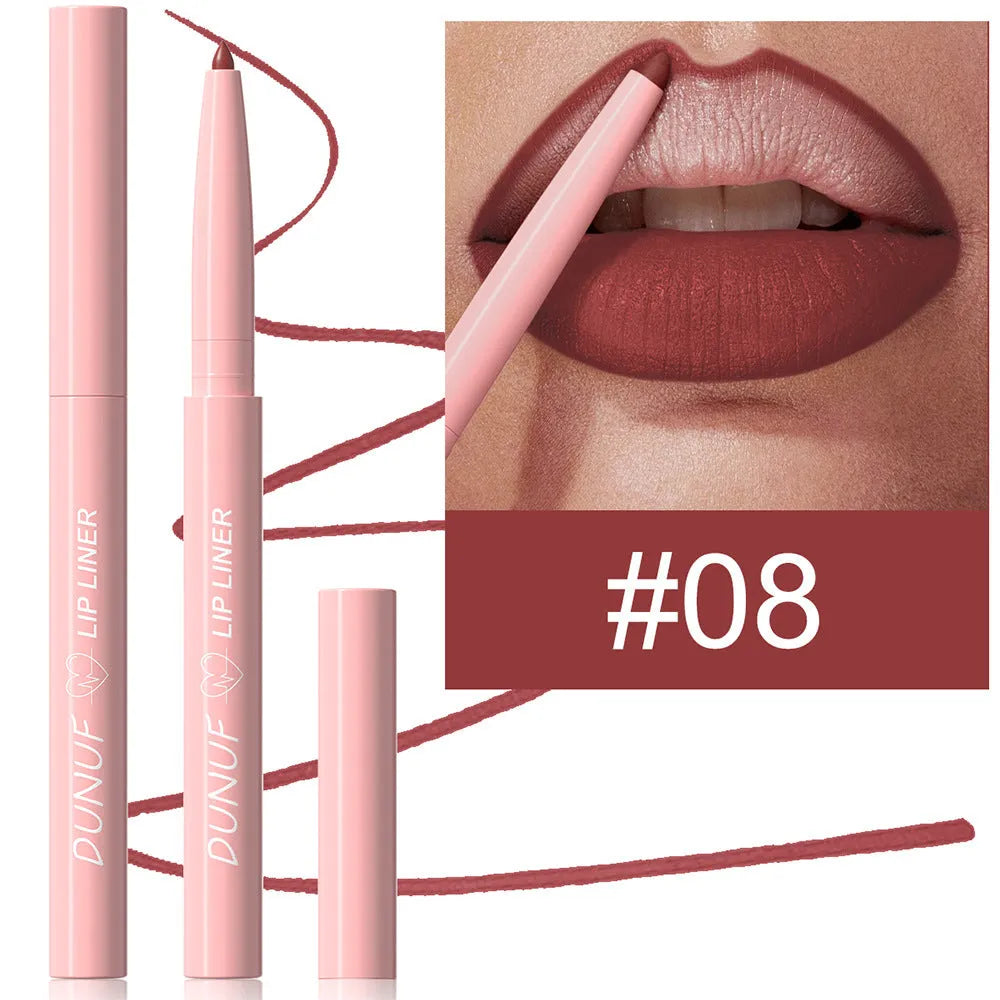 Twelve velvet matte lip liner pencils in a row showing different shades from a 12-colour collection.