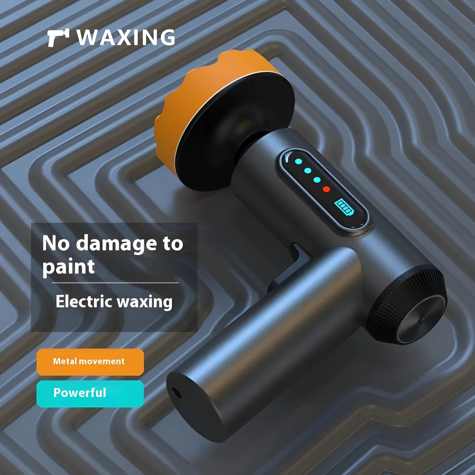 Wireless car polishing machine with three pads and charging cable on workbench