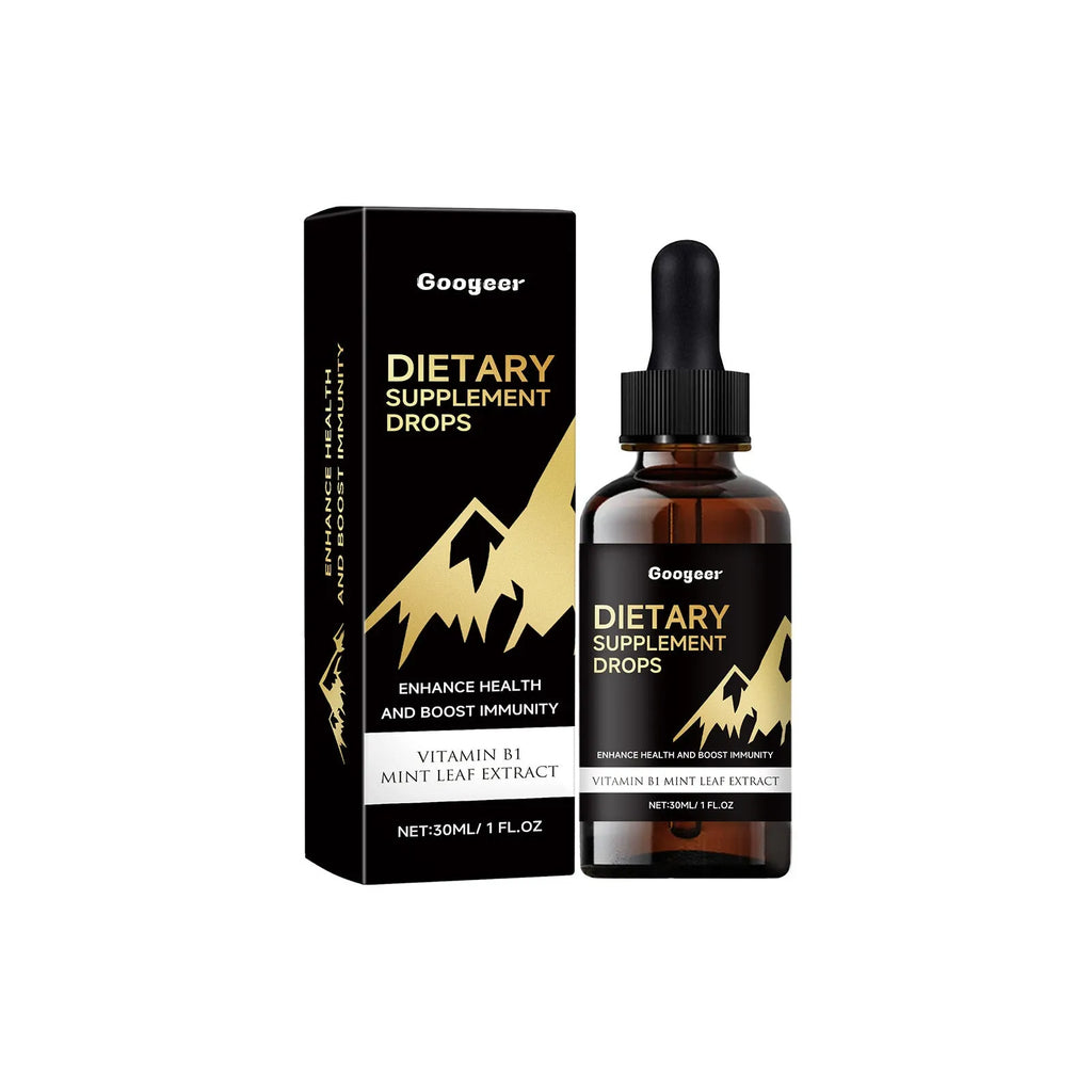 Bottle of liquid dietary supplement drops with a pipette dropper for dosage