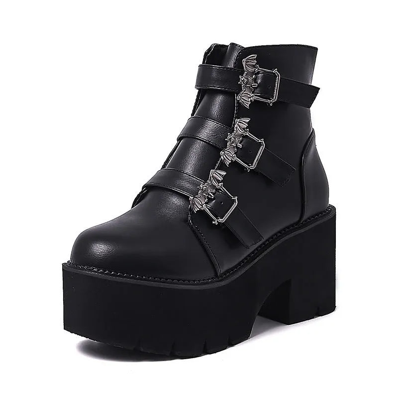 Black women's punk gothic Martin boots with side zipper and thick heel
